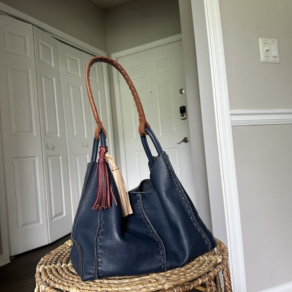 The Sak Los Feliz Hobo Leather Medium Tote Bag Shoulder Handbag Indigo Blue
